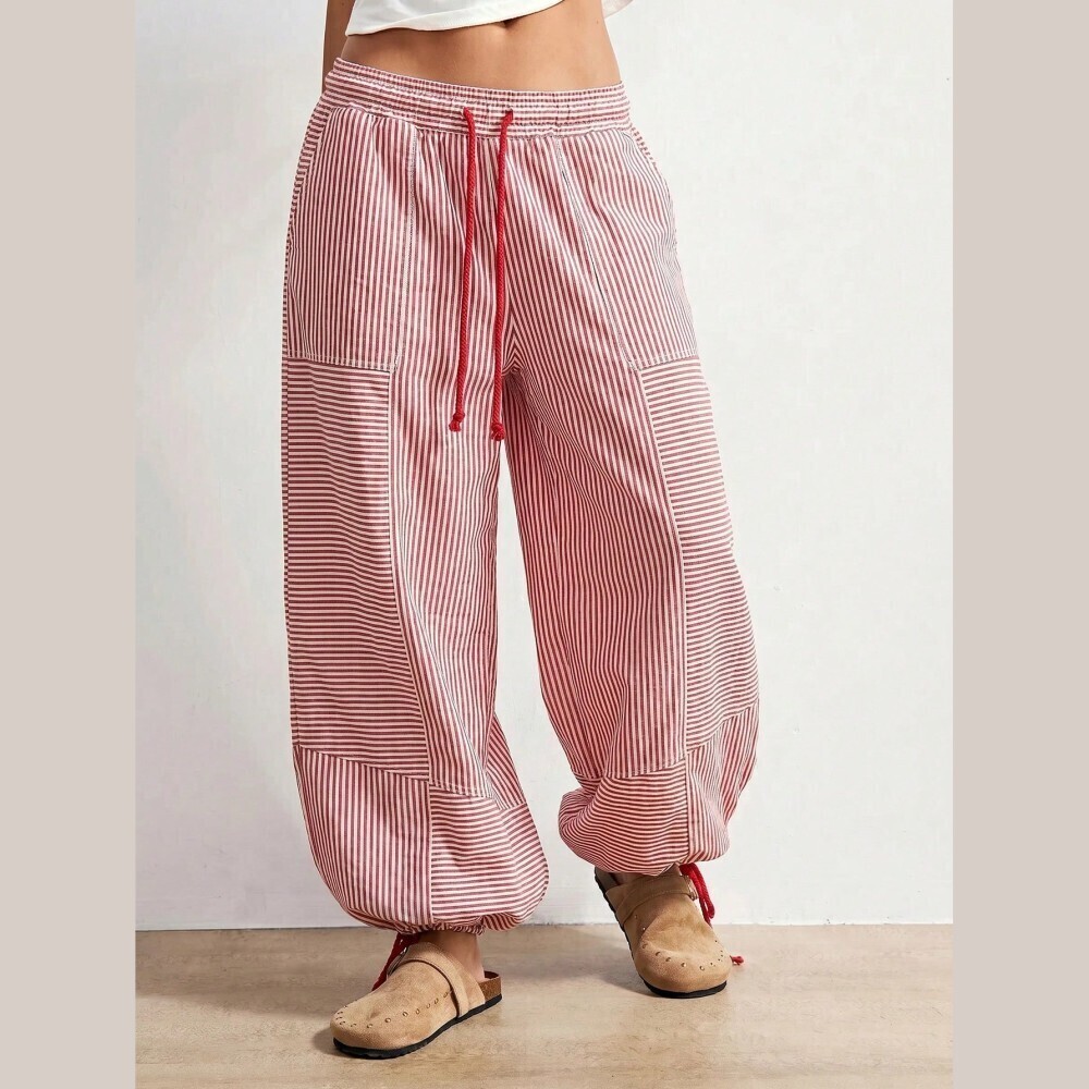 Red Striped Drawstring Balloon Hem Harem Pants
